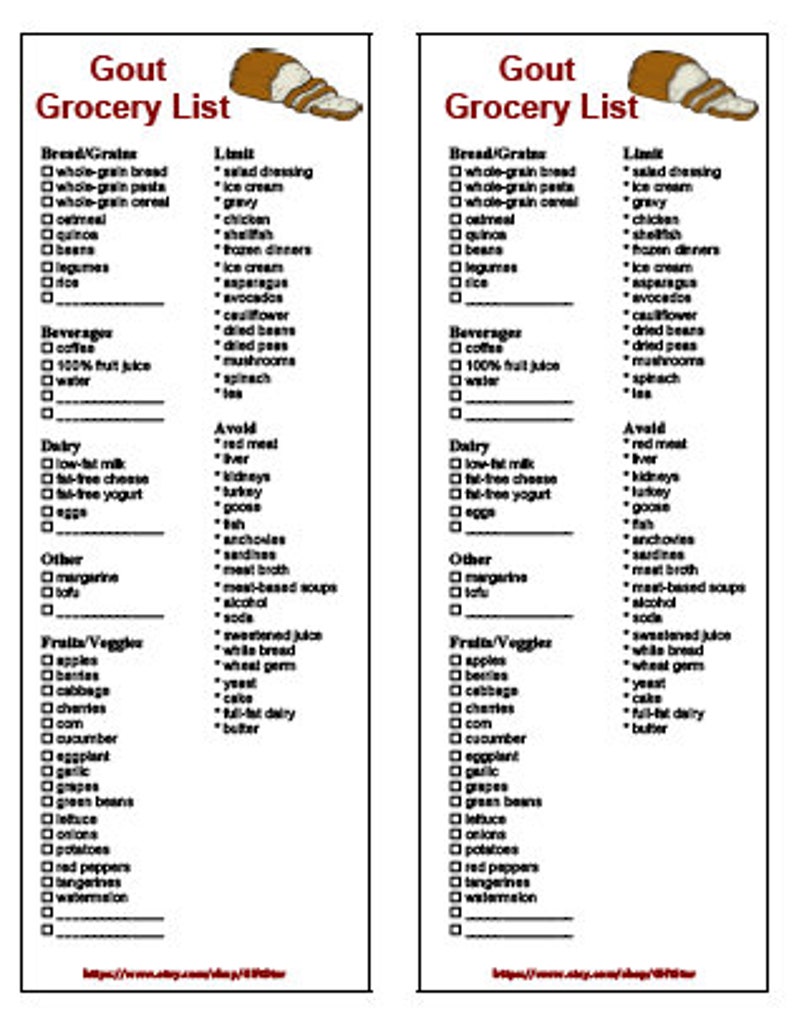 printable gout grocery list diet food etsy