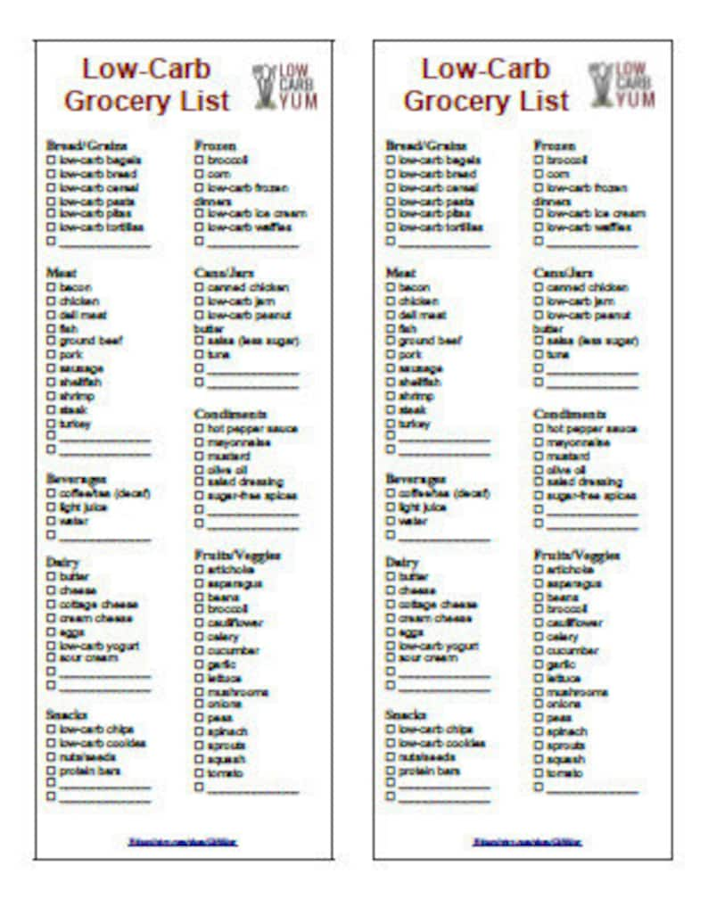 printable low carb diet 2 in 1 grocery list instant