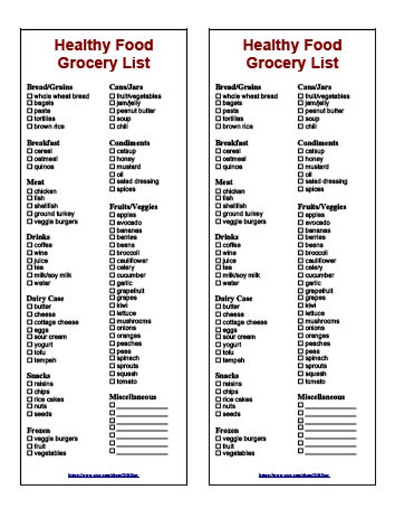 Healthy Diet Grocery List Printable