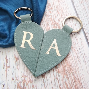 Personalised Leather Heart Keyring Set: Gold Foil Initial Gift