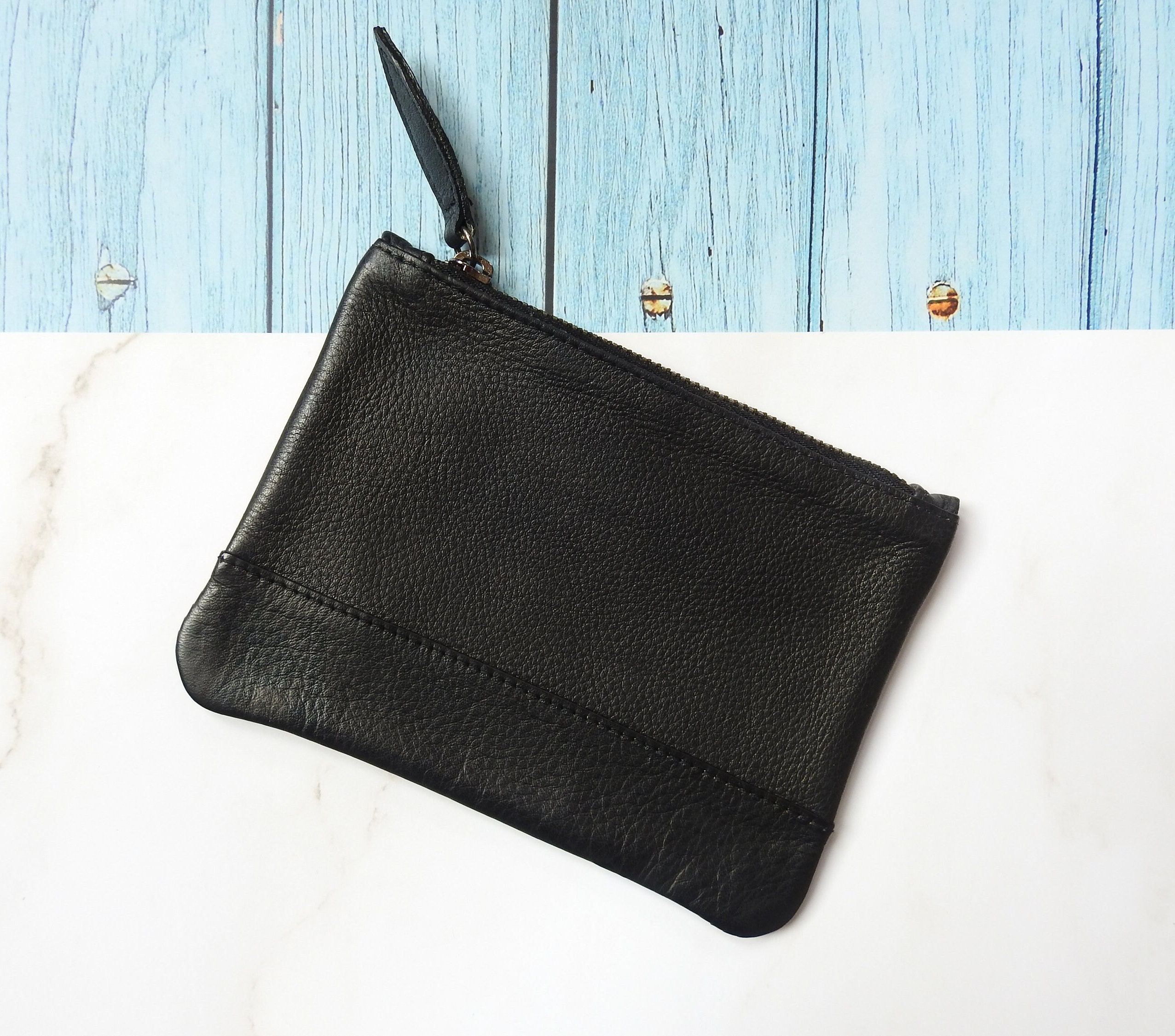 Leather black coin purse id slot snap pocket w/ 6 credit card slots change  purse leather coin bag leather coin pouch leather coin holder