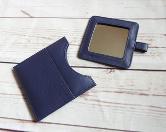 Espejo compacto de piel azul de comercio justo - Espejo de piel azul - Espejo compacto de piel azul para mujer - Espejo para bolso de hombre - Espejo compacto de piel azul