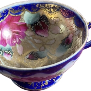 Nippon Early 1900s Royal Kinran Cobalt Blue and Floral Vintage Antique RARE Handpainted Porcelain Cup FREE SHIPPING