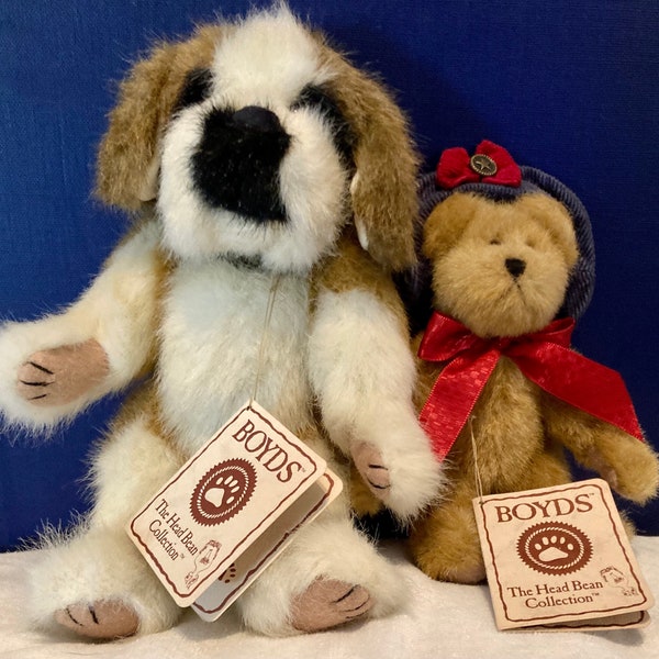 Boyds Bears 2 Plush Animals Crosby Barken the Dog and Edith Glory Bear Head Bean Collection Vintage Discontinued Retired FREE Shipping