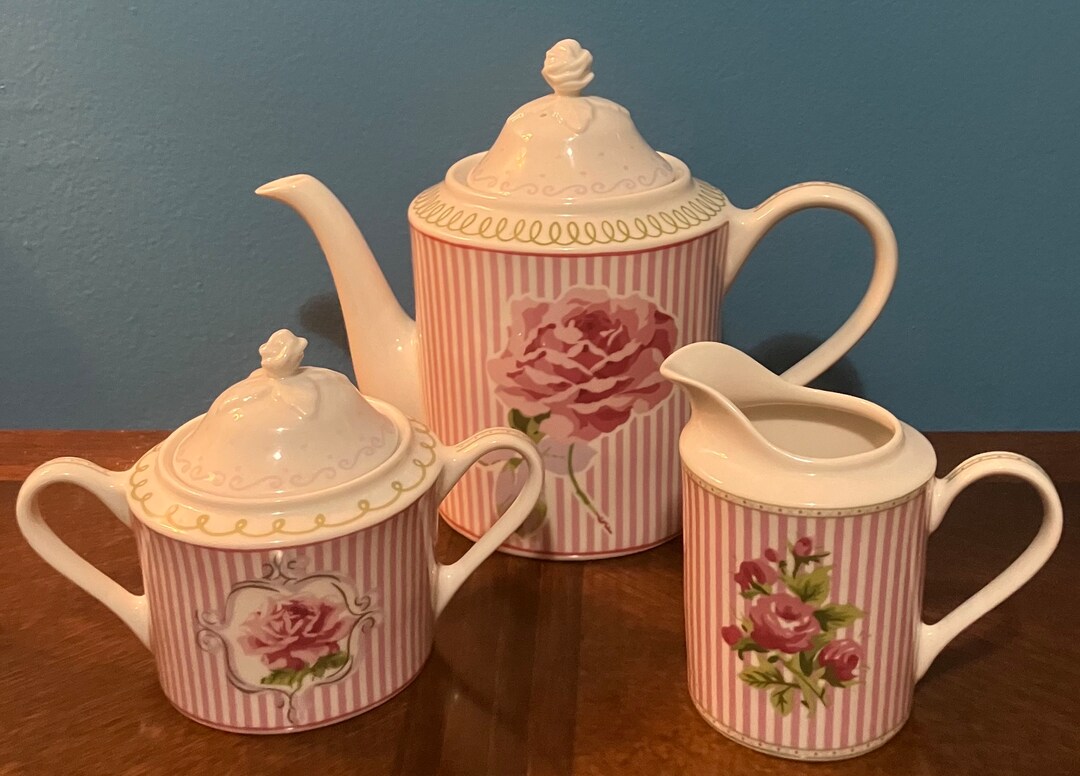 Laura Ashley Tea Set With Teapot Sugar and Creamer Pink and Green 2003