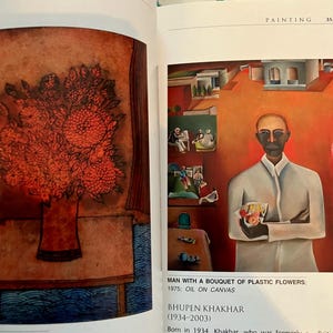 May include: A painting titled "Man with a Bouquet of Plastic Flowers" by Bhupen Khakhar (1934-2003). The painting depicts a man in a white shirt holding a bouquet of red flowers. The background is a red and orange cityscape.