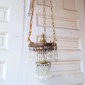 Small Vintage Brass and Crystal Chandelier, Vintage Wedding Cake Light, Empire Style, Cut Glass Chandelier 061401