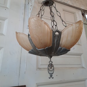 Pink Glass Slip Shade Light, Art Deco Light, Antique Chandelier, Slipshade Chandelier 1930s Chandelier, Vintage Art Deco Chandelier