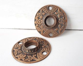 Two Floral Design Eastlake Rosette Door Plates, Brass Flower Escutcheons, Cast Bronze Rosettes, Architecture Salvage 011808