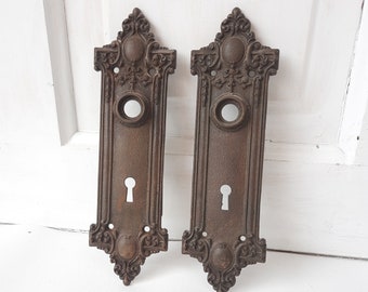 Reole Backplates, Cast Iron Door Plate, Pair of Door Plates, Victorian Hardware, Door Hardware, Antique Backplates, Door Knob Plates 101906