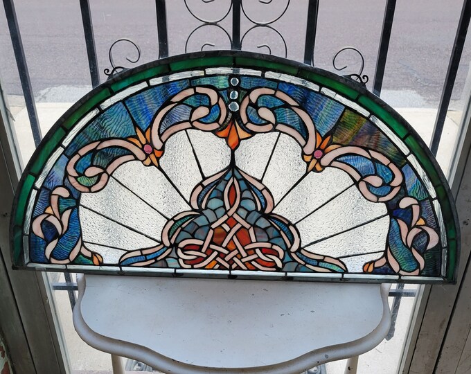 Antique Arched Stained Glass Transom, Stained Glass Window, Beveled Glass, Victorian Window