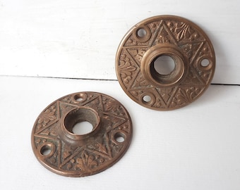 Pair of Eastlake Star Rosettes, Brass Door Plates, Brass Escutcheons, Round Door Plates, Flower Escutcheons, Floral Brass Plates 011806
