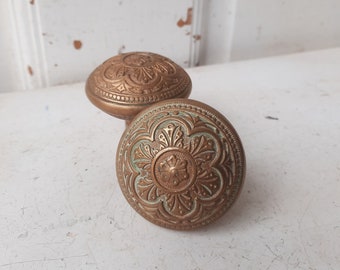 Antique Bronze Designed Doorknobs, Ornate Pattern Knobs, Set of Antique Brass Door Knobs, Flower Design