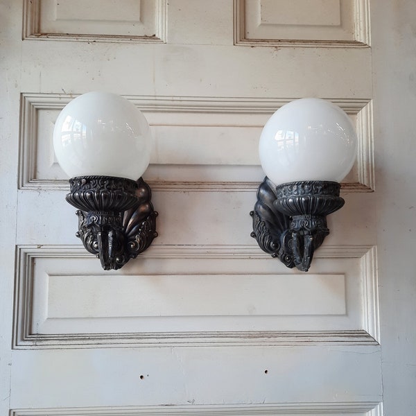 Pair of Antique Sconces Frosted Shades, Vintage Wall Lights, Vintage Sconce Pair, Vintage Silver Lights, Hallway Sconces, Victorian Lights