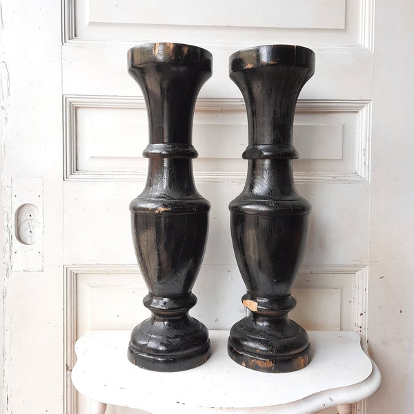 Pair of Antique Turned Balusters, Large Turned Spindles, Wood Pedestal Bases, Architecture Salvage, Large Spindles or Pedestals