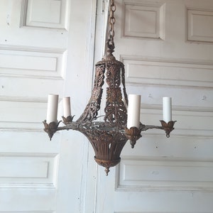 1930s Antique Polychrome Candle Chandelier with Painted Flower Detailing, Antique Gold Chandelier with Candle Sockets,