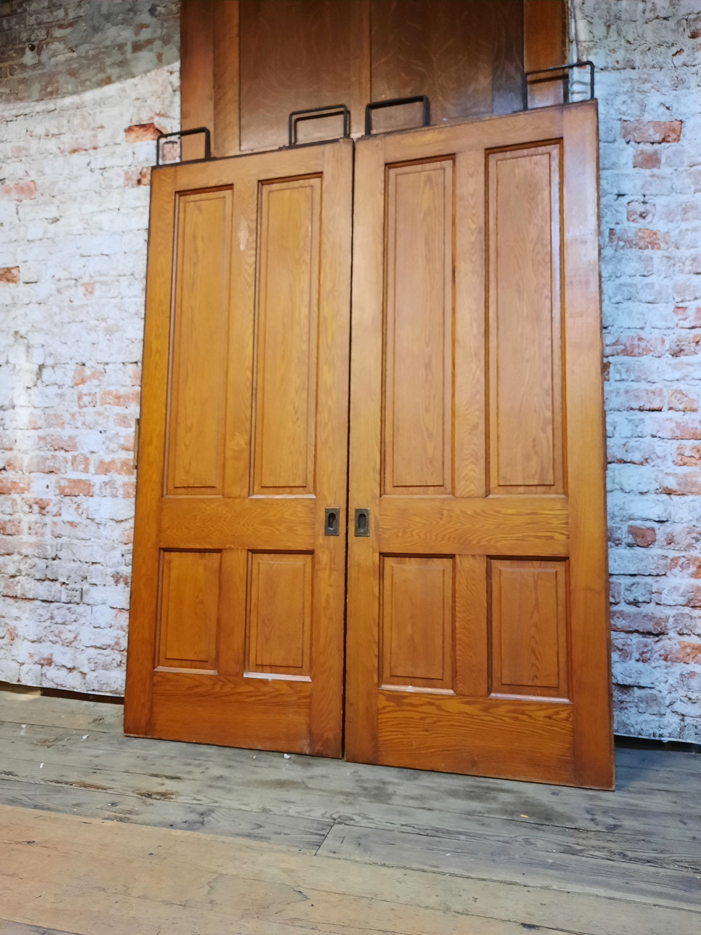 64" Set of Antique Oak and Pine Pocket Doors, Pair of Victorian Era Rolling or Sliding Double Pocket Doors, Solid Wood 092603