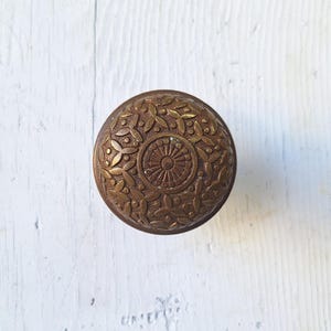 May include: A brass door knocker with a decorative floral pattern and a central circular design.
