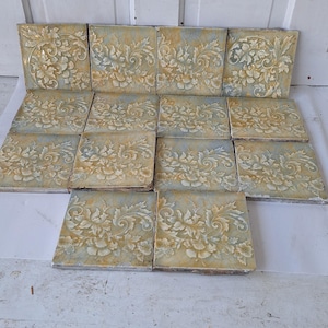 Antique Victorian Fireplace Tile Set: Cream, Yellow, and Blue Mottle Glaze