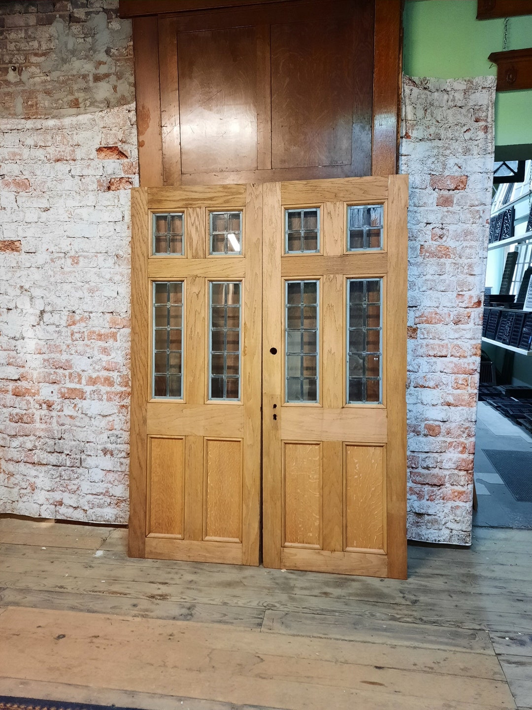 Antique Double Doors With Leaded Glass Windows, Swinging Door Set Pair
