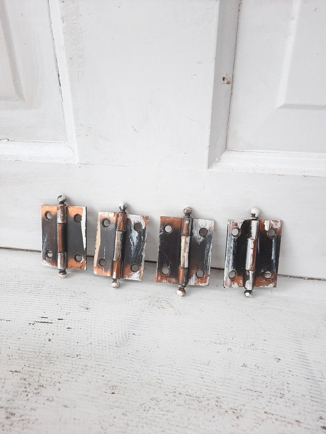 4 Small Antique Hinges With Japanned Brass Finish, Antique