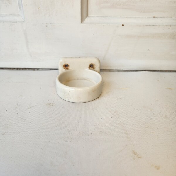 Vintage Porcelain Cup Holder, Wall Mount Soap Dish or Cup Holder for Vintage Bathroom. White Ceramic Sink Cup Rack,  113007