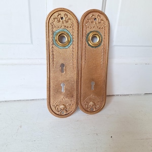 May include: Two antique brass door plates with ornate designs and keyholes. The plates have a distressed finish and a green patina around the keyhole.