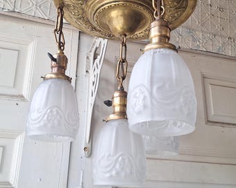 Antique Brass Pan Light: Hanging Socket Ceiling Light with Frosted Glass