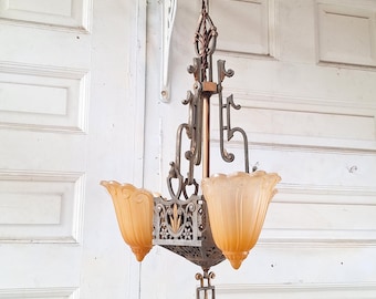 Three Shade Art Deco Era Slip Shade Chandelier, Vintage Glass Shell Ceiling Light