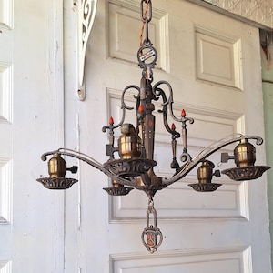 Moe Bridges Vintage 1930s Bronze and Polychrome Chandelier, Antique Solid Bronze Chandelier with Painted Accents, Salvaged Ornate Chandelier