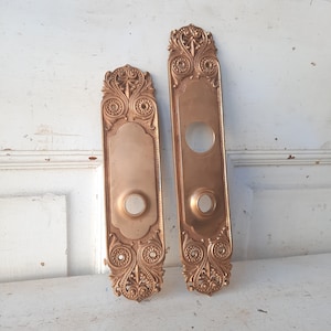 May include: Two ornate brass door plates with intricate floral designs. The plates have a rectangular shape with a rounded top and bottom. The plates have a hole in the center for a door knob.