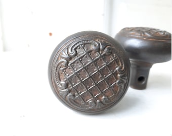 Pair of Ornate Cast Iron Doorknobs, Antique Iron Knobs, Fancy Doorknobs, Ornate Door Knobs, Chatham Pattern, Russell Erwin, Antique Hardware