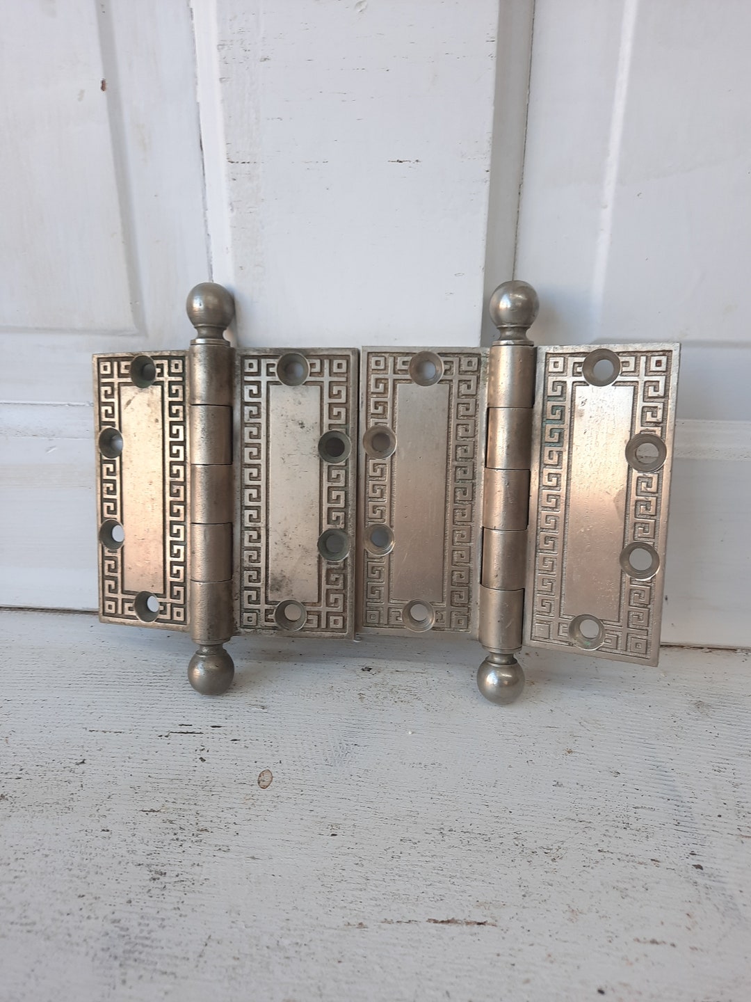 Silver Greek Key Pair 4 1/2 Door Hinges, 4.5 Inch Hinges, Yale Silver