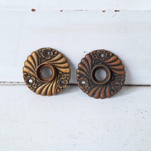 Two Roanoke Design Eastlake Rosette Door Plates, Brass Flower Escutcheons, Cast Bronze Rosettes, Architecture Salvage 040105