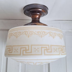 Vintage Stenciled Flush Mount, White Glass and Bronze Ceiling Light, Stencil Design Light Fixture, Architecture Salvage 061503