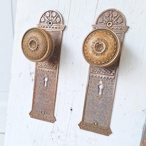 May include: A pair of antique brass door knobs with intricate floral designs and keyholes. The knobs are mounted on rectangular plates with ornate borders.