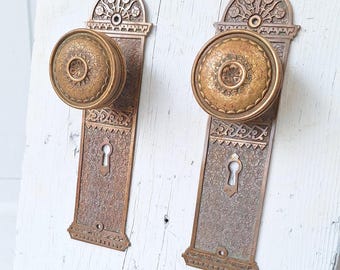 Ornate 'Brocade" Set Victorian Door Hardware by Corbin, Antique Door Knobs, Door Plates Ornate Hardware, Pair of Escutcheons 040211