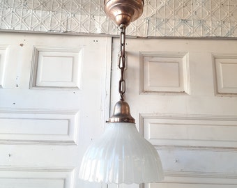 Antique Tulip Shade Pendant Light, Hanging Vintage Light with Chain and White Glass Shade with Fluted Edges 121201