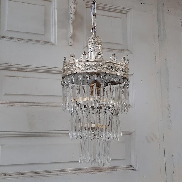 Small Vintage Waterfall Crystal Chandelier, Vintage Wedding Cake Light, Empire Style, Cut Glass Chandelier, Glass Chandelier