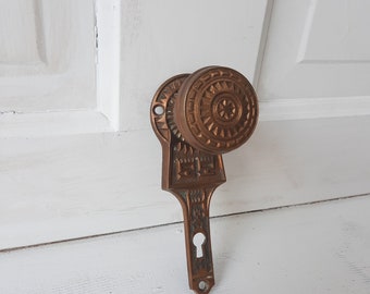 Gilbert Lock Works Bronze Eastlake Lever Handle, Knob and Plate with Latch on Back, Architecture Salvage, Antique Bronze Door Pull