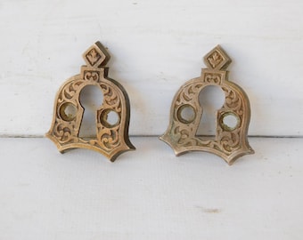 Two Eastlake Escutcheons, Antique Brass Keyhole, Ornate Escutcheons, Brass Key Plates, Key Hole Covers, Antique Key Holes 021515