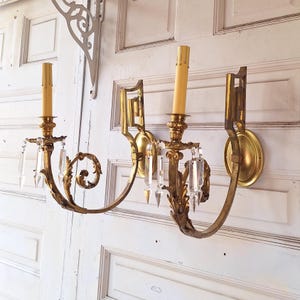 Pair of Gilded Wall Sconces, Candlestick Antique Gold Leaf Sconces, Crystal and Gold Wall Lights, Architecture Salvage