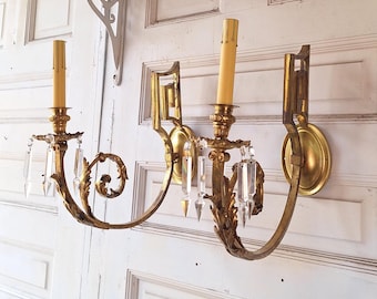 Gilded Bronze Wall Sconces: Antique Gold Leaf Crystal Lights