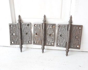 Three 3 1/2" Victorian Iron Hinge, Fancy Antique  Cast Iron Door Hinge, Steeple Tip, Decorative Hinge, Antique Salvage 092806