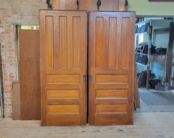 Set of Pocket Doors, Antique Pine Doors, Matching Pine Doors Four Panel Doors, Salvaged Doors, Rolling Door Pair, Pair Pocket Doors