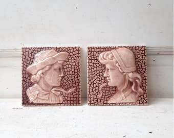 Antique Figural Tiles, Man and Woman, Antique Tile, Fireplace Tile, Victorian Tile, Tile with Faces, Architecture Salvage