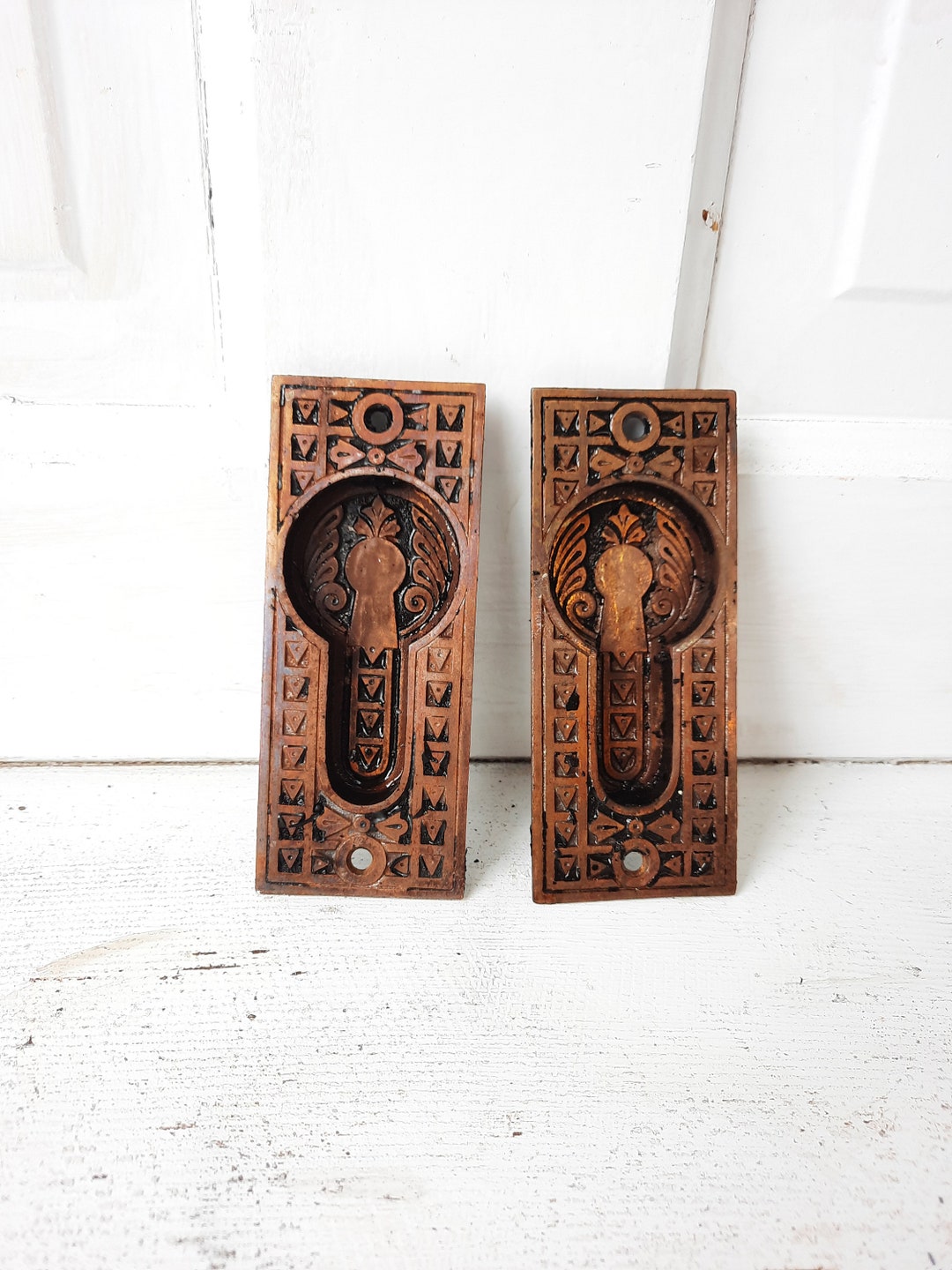 Iron and Bronze Eastlake Pocket Door Pulls No Keyholes, Sliding Door