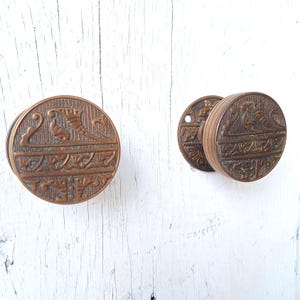 May include: A pair of antique brass door knobs with an ornate design. The knobs are round and have a raised design of a bird with a crown on its head. The knobs are mounted on a white wooden door.