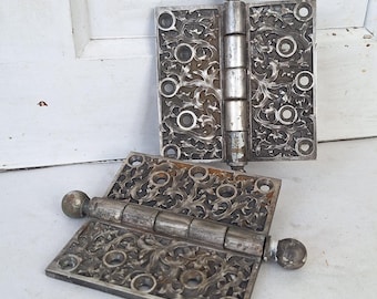 Par de bisagras Yale con diseño de algas, herrajes antiguos niquelados para puertas.