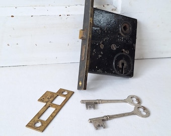 Antique Mortise Lock with Skeleton Key & Strike Plate